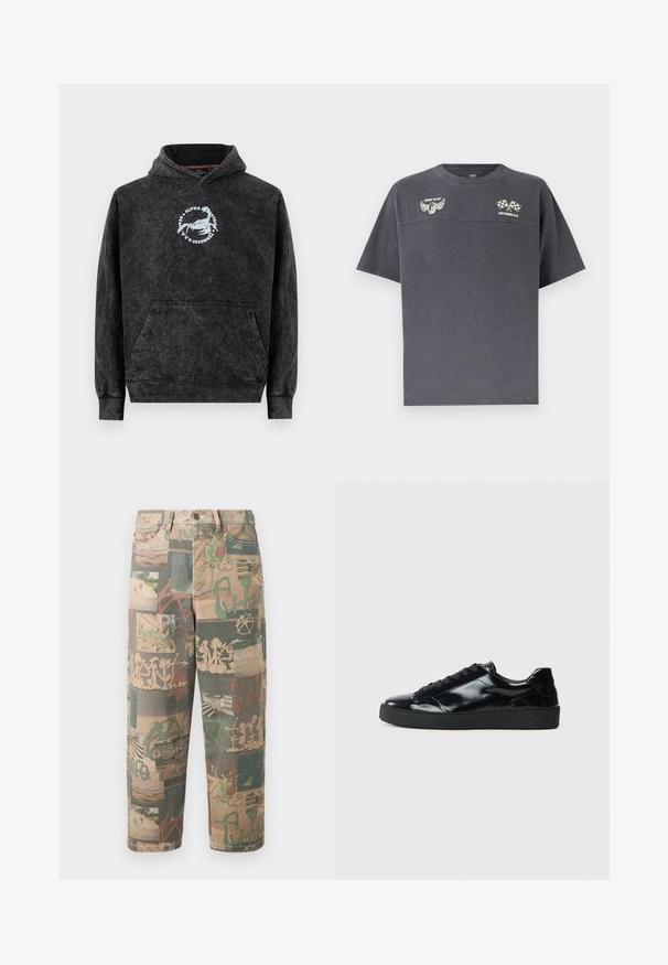 Sweat à capuche noir délavé avec poche kangourou à l'avant, arborant un logo de scorpion blanc et le texte "Alpha Industries Tennessee U.S.A." sur la poitrine.; T-shirt gris foncé à manches courtes avec col rond, présentant des logos de pneu ailé et de drapeaux à damier croisés avec le texte "COMIN' IN HOT" et "LEVI STRAUSS & CO.".; Pantalon décontracté à jambe droite avec un imprimé mélangeant nature, graffiti et abstrait dans des tons verts sourds, beige et marron sur un fond clair.; Baskets en cuir verni noir avec un bout arrondi, un laçage, une semelle en caoutchouc texturé et une finition lisse.