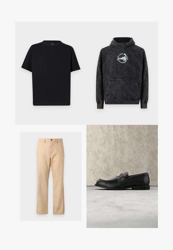Sweat à capuche noir délavé avec poche kangourou à l'avant, arborant un logo de scorpion blanc et le texte "Alpha Industries Tennessee U.S.A." sur la poitrine.; T-shirt noir à manches courtes avec col rond, coupe classique, présenté à plat sur un fond clair.; Pantalon beige à jambes droites avec passants pour ceinture, bouton devant, fermeture éclair et poches latérales.; Mocassin en cuir noir avec une plaque de marque en métal reposant près d'une table ronde marron sur un sol recouvert de moquette beige.