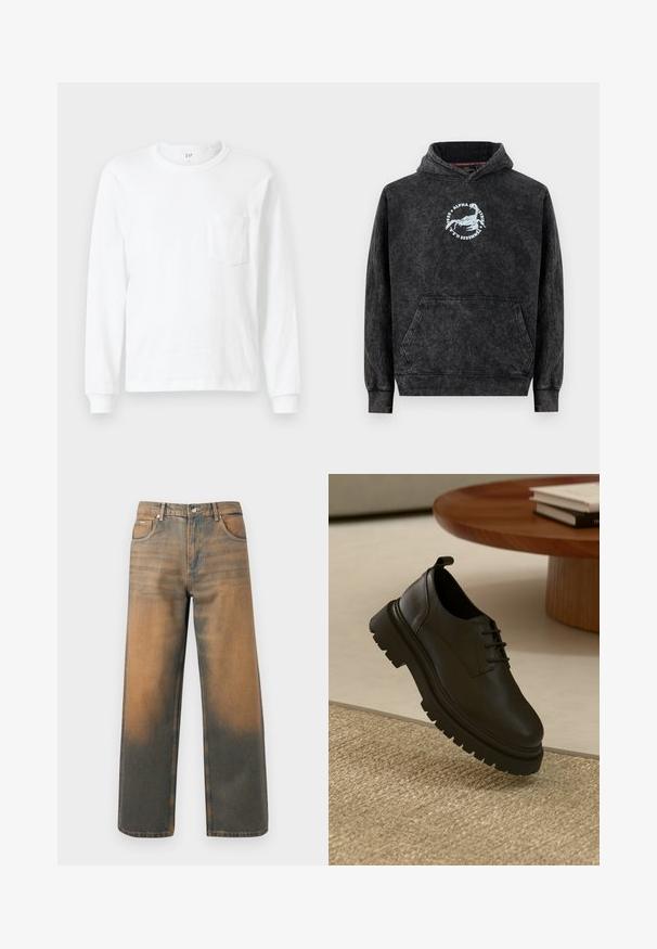 Čierna vypraná mikina s kapucňou a predným klokankovým vreckom, s bielym logom škorpióna a textom "Alpha Industries Tennessee U.S.A." na hrudi.; Biela dlhá tričko s dlhým rukávom vyrobené z bavlny. Má okrúhly výstrih a malú náprsné vrecko. Mäkka textúra s rebrovanými manžetami.; Džínsy s širokými nohavicami v poškodenom modrom a hnedom denime. Majú vysoký pás, predné vrecká a klasické zapínanie na gombík s kovovými akcentmi.; Čierna kožená topánka s textúrovaným povrchom, okrúly špička, viazanie a hrubá čierna gumová podrážka. Pláva nad tkaným kobercom.