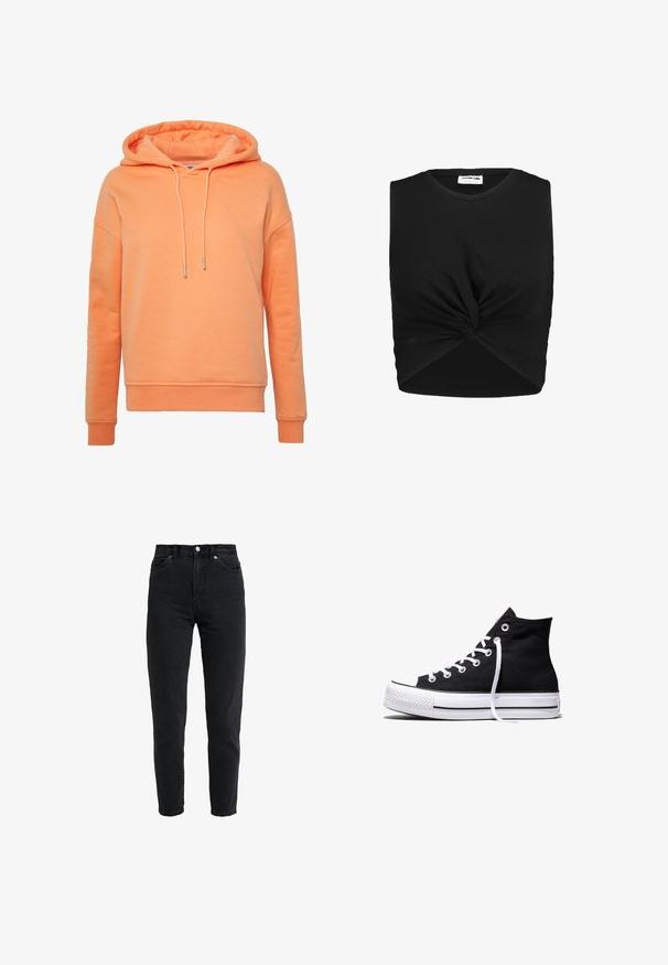 Sudadera con capucha naranja hecha de tela suave, que presenta un bolsillo tipo canguro, capucha con cordón y puños y dobladillo acanalados.; Top negro sin mangas, hecho de una tela suave, que presenta un detalle de nudo retorcido en la parte frontal y una silueta ajustada.; Vaqueros de mezclilla negra de cintura alta con botón y cremallera delanteros, dos bolsillos delanteros y pierna estrecha sobre fondo blanco.; Zapatilla alta de lona negra con suela de goma blanca y cordones blancos, vista de lado sobre un fondo blanco.