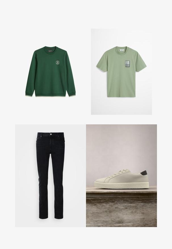 Donkergroene trui met ronde hals en lange mouwen, klein rond logo op de linkerborst en witte gestreepte bies aan de manchetten en zoom.; Lichtgroen T-shirt met korte mouwen en een kleine zwart-witte afbeelding van een raam en de tekst "MOPD SPORTS CLUB" op de linkerborst.; Zwarte denim jeans met een slim fit, voorzien van een front pocket, riemlussen en een knoopsluiting. Gladde textuur, minimalistisch ontwerp.; Witte sneaker met gestructureerde zool en zwarte hieldetails, zwevend boven een houten bank met hoge groene graspluimen op de achtergrond.