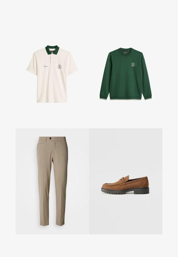 Sweat-shirt vert foncé col rond à manches longues, petit logo circulaire sur la poitrine gauche, avec bordure blanche rayée aux poignets et à l'ourlet.; Polo blanc à manches courtes avec des rayures verticales, col vert foncé, patte boutonnée et petits logos imprimés sur la poitrine.; Pantalons beige sur mesure avec un devant plat, des poches latérales, des passants pour ceinture et une fermeture à un seul bouton noir. Texture de tissu lisse.; Mocassins en daim marron avec un bout arrondi et une semelle noire en caoutchouc basse, présentant une sangle décorative et des détails de couture sur le dessus.