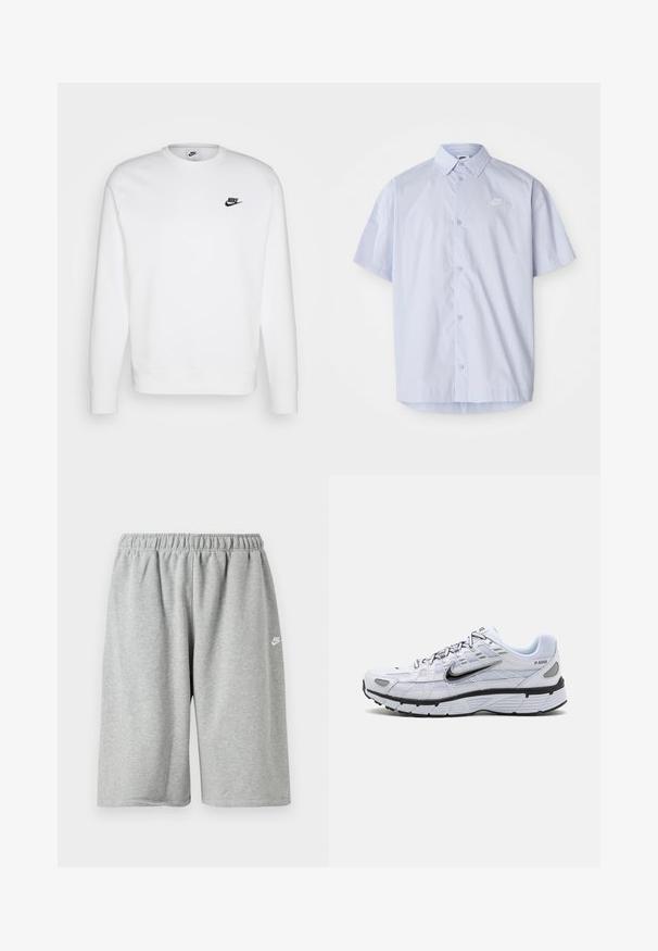 Hvid sweatshirt lavet af bomuld med lange ærmer, rund halsudskæring og sort Nike-logo på venstre bryst. Blød tekstur med ribbede manchetter.; Lyseblå kortærmet skjorte lavet af glat stof, med knaplukning og et lille hvidt Nike-logo på brystet.; Grå bomuldsshorts med elastik i taljen, med løs pasform og et lille hvidt logo nær kanten. Glat tekstur, længde over knæet.; Hvide løbesko med mesh-overdel, rund tå, sorte accenter og mønstret sål. Har snøring og branding på siden.