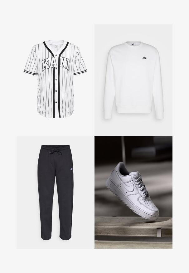 Weißes Sweatshirt aus Baumwolle mit langen Ärmeln und Rundhalsausschnitt sowie dem schwarzen Nike-Logo auf der linken Brust. Weicher Stoff mit gerippten Bündchen.; Weißes Baseball-Trikot mit kurzen Ärmeln und schwarzen Streifen, mit einer Knopfleiste vorne und dem Wort "KANI" deutlich in schwarzen Buchstaben dargestellt.; Schwarze Sweatpants aus weichem Stoff mit elastischem Bund, Kordelzug und kleinem Nike-Logo auf dem linken Oberschenkel.; Weißer Nike Air Force 1 Sneaker aus Leder mit perforierter Zehenpartie, flachen Schnürsenkeln und strukturierter Gummisohle mit "AIR"-Branding an der Seite.