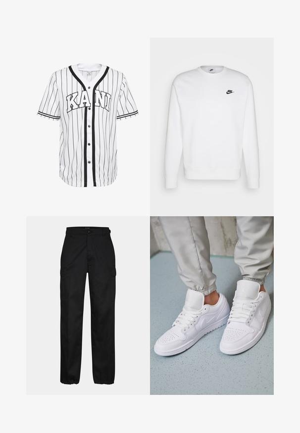 Biela mikina vyrobená z bavlny s dlhými rukávmi, okrúhlym výstrihom a čiernym logom Nike na ľavej hrudi. Mäkká textúra s rebrovanými manžetami.; Biele krátke rukávy baseballovej dresu s čiernymi prúžkami, s button-up prednou časťou a výrazným nápisom "KANI" v čiernom písmene.; Čierne cargo nohavice so strihom rovného strihu, s bočnými vreckami, zapínaním na gombík a elastickými manžetami na členkoch. Vyrobené z odolnej tkaniny.; Biele kožené tenisky majú perforovaný špičku, ploché šnúrky, polstrovaný golier a logo Jordana na jazyku. Nosia sa s šedými joggermi.