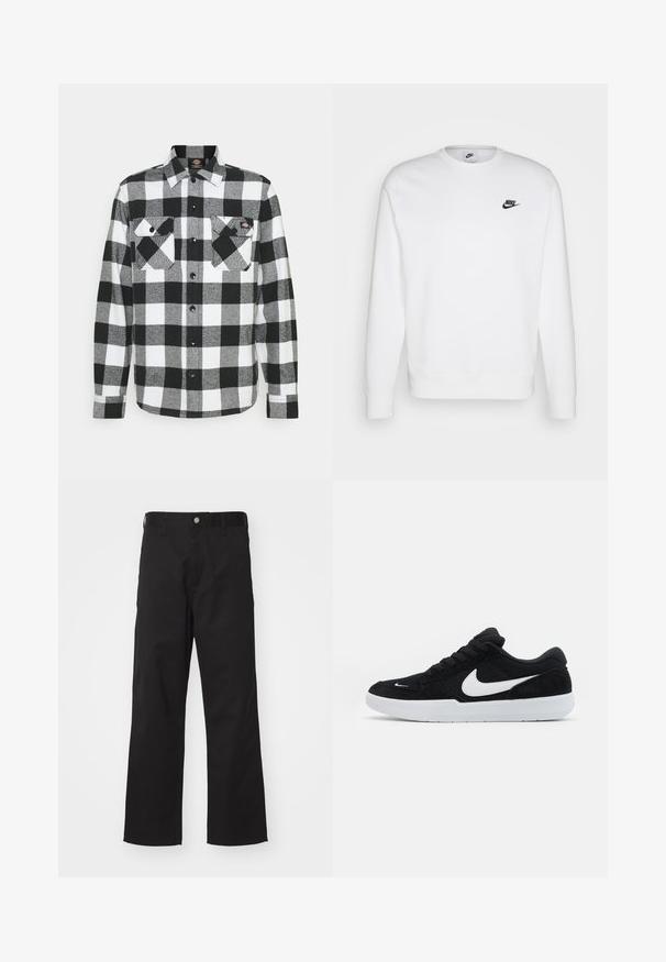 Valge puuvillane dressipluus pikkade varrukatega, ümmarguse kaelusega ja must Nike logo vasakul rinnal. Pehme tekstuur, ribidega mansetid.; Mustriga must-valge särk, millel on kahe rinnataskuga, nööpidega eesosa ja krae. Pehme, tekstuuriga kangas.; Mustad musträbides valmistatud mustad püksid sirge lõikega, ees nuppe sulgemisega, vööniidid ja ilma nähtavate mustrite või aksessuaarideta.; Musta sametist spordikingad valgete detailidega, ümmarguse varbaga, paksu valge tallaga ja mustade paeltega. Eeskujulik valge Nike logo küljes.