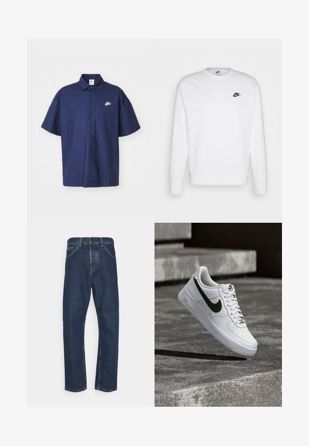 Valge puuvillane dressipluus pikkade varrukatega, ümmarguse kaelusega ja must Nike logo vasakul rinnal. Pehme tekstuur, ribidega mansetid.; Tumesinine lühikeste varrukatega nööpidega särk, millel on kortsus tekstuur ja valge Nike logo vasakul rinnal. Omab standardset kraed ja musti nööpe.; Tumedad sinised sirged teksad, millel on esine nupp, vetsakinnitus ja taskud, esitatud valge tausta ees.; Valge Nike Air Force 1 toss, millel on must swoosh, paelad seotud, paikneb õhus hallil tekstureeritud betoonpinnal välitingimustes.