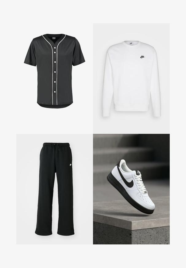 Hvid sweatshirt lavet af bomuld med lange ærmer, rund halsudskæring og sort Nike-logo på venstre bryst. Blød tekstur med ribbede manchetter.; Sort kortærmet baseballtrøje lavet af glat stof. Har hvide knapper og kontrasterende hvide kanter langs fronten og kraven.; Sorte joggingbukser lavet af blødt stof, med elastisk talje og justerbar snøring samt et lille logoakcent på siden.; Hvid lædersneaker med sorte detaljer, rundet tå og perforerede detaljer. Sort gummisål med tekstureret mønster og snørelukning.