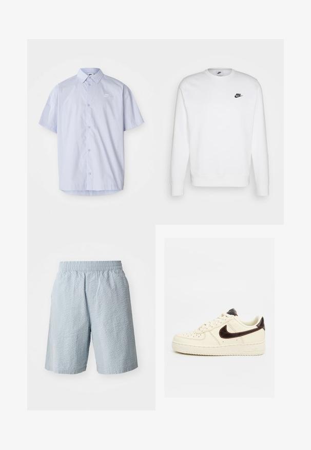 Witte sweatshirt van katoen met lange mouwen, ronde halslijn en zwart Nike-logo op de linker borst. Zachte textuur met ribbeen manchetten.; Lichtblauw overhemd met korte mouwen, gemaakt van gladde stof, met een knoopsluiting en een klein wit Nike-logo op de borst.; Lichtblauwe shorts van een gestructureerde stof, met een elastische tailleband en zijzakken. Het ontwerp heeft een losse pasvorm en een knielange snit.; Lage beige Nike Air Force 1 sneaker met zwart swoosh-logo, beige veters en beige zool op een neutrale achtergrond.