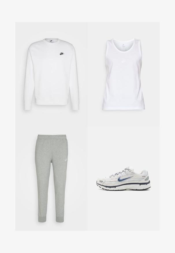 Hvid sweatshirt lavet af bomuld med lange ærmer, rund halsudskæring og sort Nike-logo på venstre bryst. Blød tekstur med ribbede manchetter.; Hvid bomulds tanktop med rund hals, ærmeløst design og et lille tonet Nike-logo på forsiden. Glat tekstur.; Grå sweatpants lavet af blødt stof, med tapered ben design, elastisk talje og lille hvid Nike-logo på venstre lår.; Nike Sportswear P 6000 - Sneakers - phantom/obsidian/summit white/white/black/metallic silver