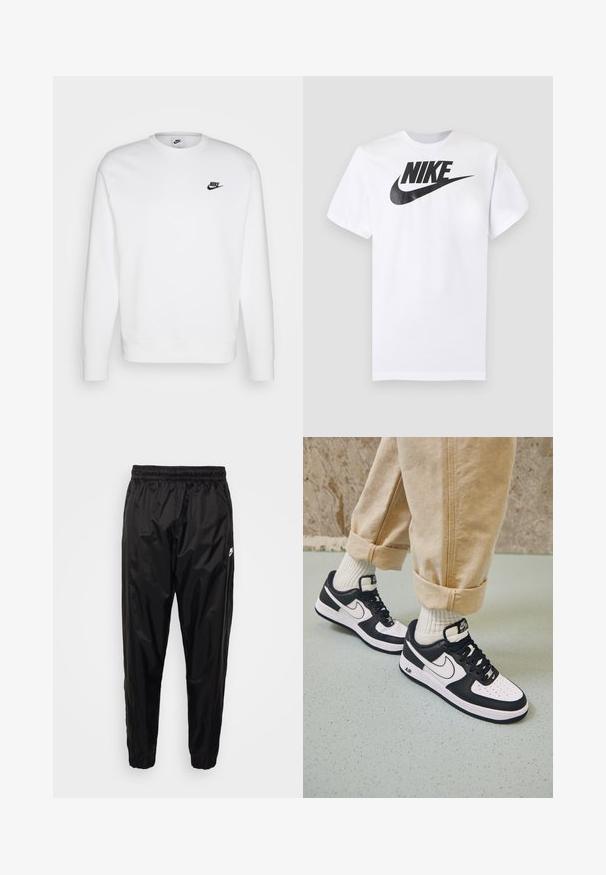 Biela mikina vyrobená z bavlny s dlhými rukávmi, okrúhlym výstrihom a čiernym logom Nike na ľavej hrudi. Mäkká textúra s rebrovanými manžetami.; Biele tričko s krátkym rukávom s čiernym logom Nike a swooshom uprostred na hrudi na jednofarebnom sivom pozadí.; Čierne tréningové nohavice vyrobené z ľahkého, lesklého materiálu s elastickým pásom, zúženým strihom a zipsovými vreckami. Obsahujú logo ako akcent.; Čierno-biele tenisky Nike Air Force 1 s koženým zvrškom, perforovanou špičkou a textúrovanou podrážkou, kombinované s ohrnutými béžovými nohavicami a bielymi ponožkami.