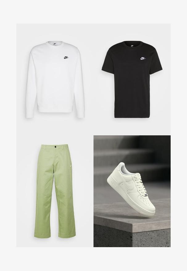 Valge puuvillane dressipluus pikkade varrukatega, ümmarguse kaelusega ja must Nike logo vasakul rinnal. Pehme tekstuur, ribidega mansetid.; Must musta T-särk lühikeste varrukatega, ümmargune kaelus ja väike valge Nike logo vasakul rinnaosal. Sile tekstuur. Klassikaline lõige.; Kerged hele roheline lai jalgadega püksid, mis on valmistatud siledast materjalist ning millel on nööpkinni. Ees on väikene Nike logo.; Valge nahast toss madala profiiliga disainiga, tekstuurse pinnaga, varbaosas perforatsioonidega ning paelte ja brändingu hõbedaste detailidega.