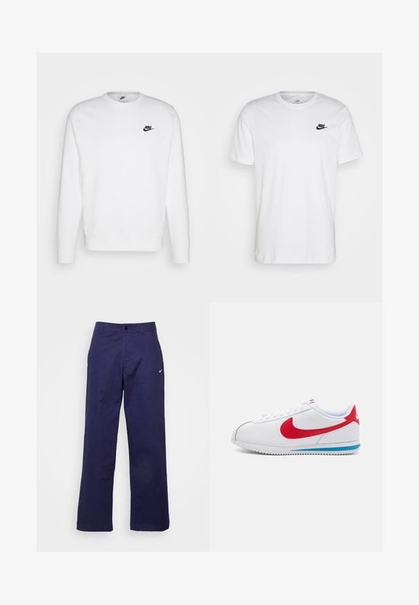 Hvid sweatshirt lavet af bomuld med lange ærmer, rund halsudskæring og sort Nike-logo på venstre bryst. Blød tekstur med ribbede manchetter.; Hvid bomulds T-shirt med rund hals, korte ærmer og et sort Nike-logo på venstre bryst. Enkel, ensfarvet design.; Nike Sportswear PANT - Bukser - midnight navy/(white); Hvide sneakers med røde accenter, der har et glat læderoverdel, rund tå og en blå sål. Snørebåndsdesign med synlige syninger.