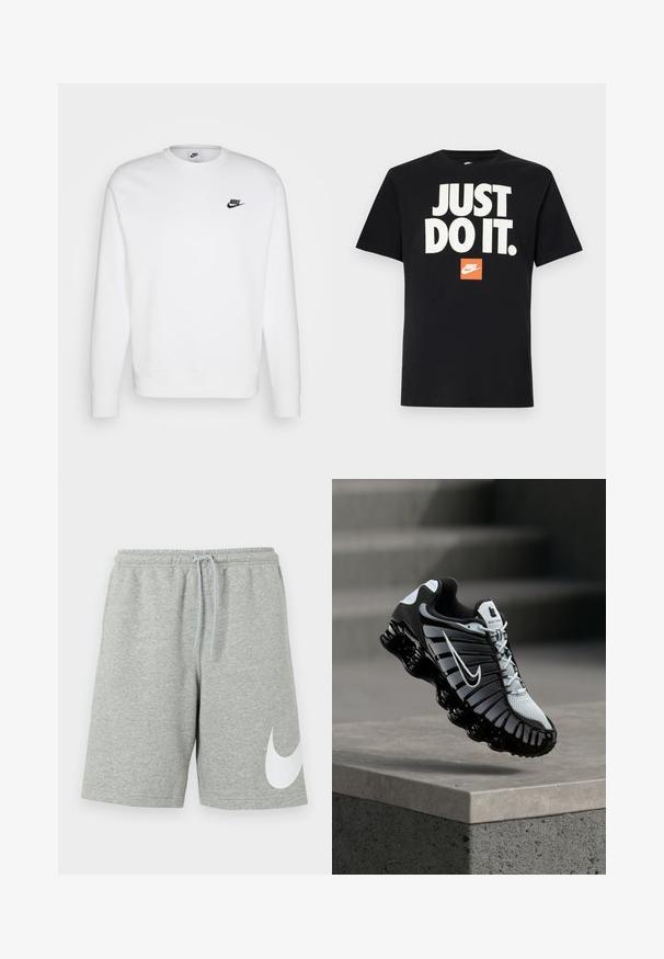 Sudadera blanca de algodón con mangas largas, cuello redondo y logo negro de Nike en el lado izquierdo del pecho. Textura suave con puños acanalados.; Camiseta de algodón negra con mangas cortas. Presenta un gran texto blanco "JUST DO IT." sobre un pequeño logo naranja de Nike. Diseño estándar de cuello redondo.; Pantalones cortos deportivos gris claro con cintura elástica, cordón ajustable y un gran logotipo blanco de Nike Swoosh en la parte inferior de la pierna izquierda.; Zapato de correr Nike en blanco y negro suspendido sobre una superficie de concreto con un fondo de piedra escalonada.