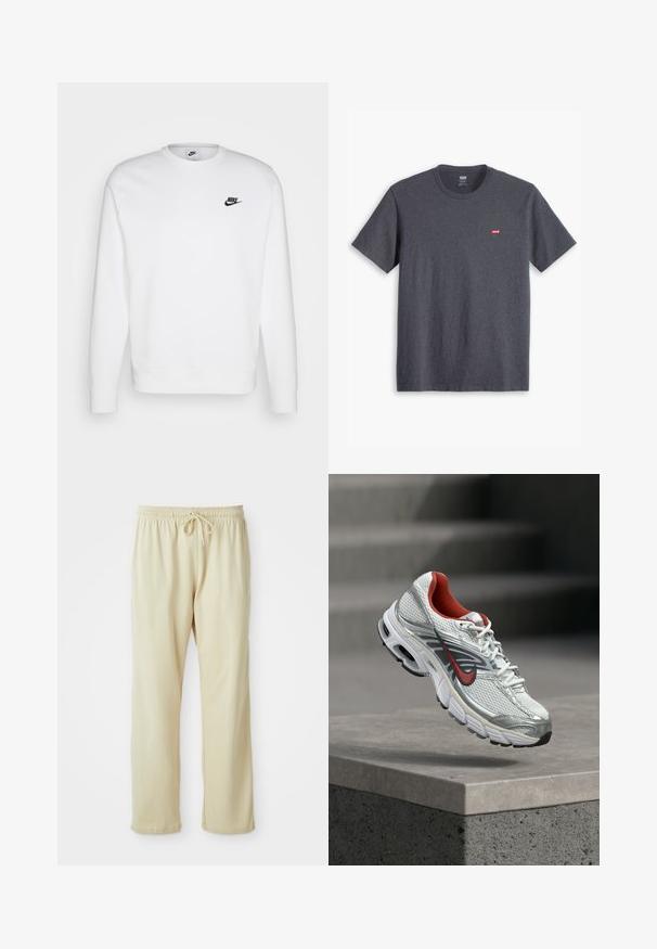 Witte sweatshirt van katoen met lange mouwen, ronde halslijn en zwart Nike-logo op de linker borst. Zachte textuur met ribbeen manchetten.; Grijze crewneck t-shirt van katoen, met korte mouwen en een klein rood merkje op de bovenste linkerkant van de borst. Zachte textuur, klassieke pasvorm.; Lichtbeige sweatpants met een trekkoord in de taille, taps toelopende pijpen en een zachte textuur. Heeft een subtiel merkje op het onderbeen.; Witte en zilveren Nike hardloopschoen met rode accenten die zweeft boven een betonnen rand, waarbij de zijkant en zool details worden getoond.