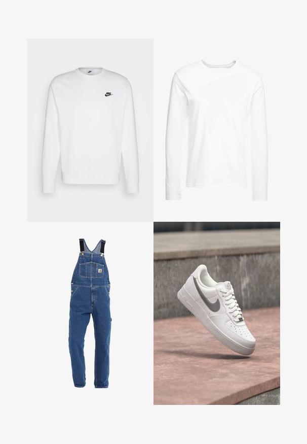 Valge puuvillane dressipluus pikkade varrukatega, ümmarguse kaelusega ja must Nike logo vasakul rinnal. Pehme tekstuur, ribidega mansetid.; Pikad varrukad valge t-särk, mis on valmistatud pehmest puuvillast. Ümmargune kaelus, sirge lõikega ääred ning ilma nähtavate mustrite või graafikateta.; Keskmise sinise tooniga teksariided, millel on reguleeritavad mustad rihmad, mitmed taskud ja metallist hardware aktsendid.; Valge Nike Air Force 1 toss hallika Nike logoga, hõljumas kivil pinnal ja halli kivitahvli taustal.