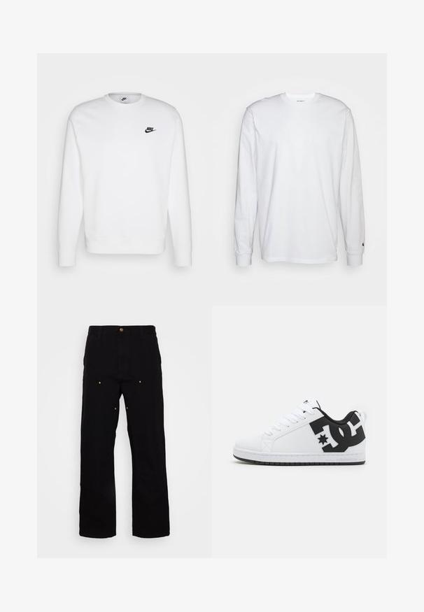 Hvid sweatshirt lavet af bomuld med lange ærmer, rund halsudskæring og sort Nike-logo på venstre bryst. Blød tekstur med ribbede manchetter.; Hvid langærmet T-shirt lavet af bomuld. Rund halsudskæring med ribbede manchetter og et lille logo på venstre ærme. Glat tekstur.; Sorte denimbukser med lige ben, udstyret med guld hardware-detaljer og synlige syninger på for- og baglommer.; Hvide atletiske sko med en glat syntetisk overdel, der har sorte logo-detaljer og en gummisål. Snørebåndsdesign, med afrundet tåform.