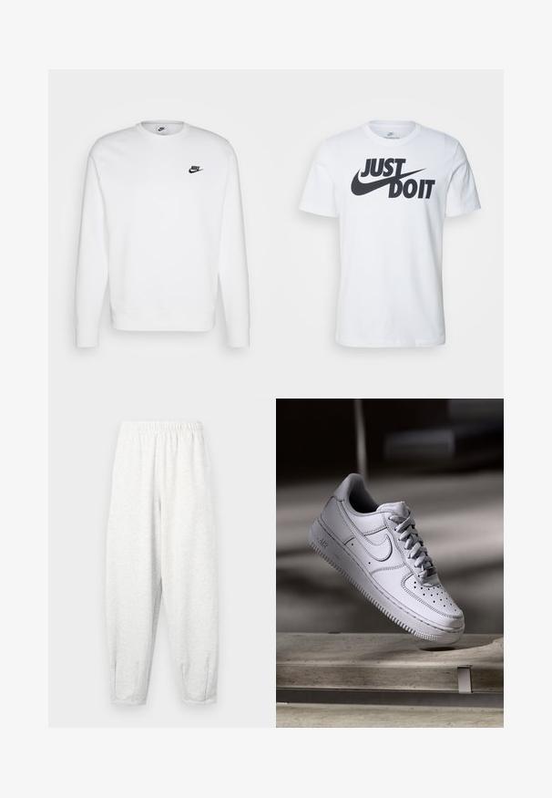 Witte sweatshirt van katoen met lange mouwen, ronde halslijn en zwart Nike-logo op de linker borst. Zachte textuur met ribbeen manchetten.; Witte katoenen t-shirt met een opvallend zwart "Just Do It" logo en de Nike swoosh. Klassiek crew neck ontwerp met korte mouwen.; Lichtgrijze sweatpants gemaakt van zachte stof, met een elastische tailleband, taps tolopende benen en enkelmanchetten. Eenvoudig ontwerp zonder patronen.; Witte Nike Air Force 1 sneaker van leer met geperforeerde neus, platte veters en een gestructureerde rubberen zool met "AIR"-logo aan de zijkant.