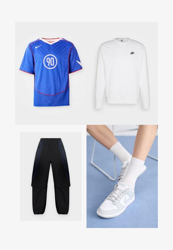Hvid sweatshirt lavet af bomuld med lange ærmer, rund halsudskæring og sort Nike-logo på venstre bryst. Blød tekstur med ribbede manchetter.; Blå Nike fodboldtrøje med ternet mønster, korte ærmer, v-hals design, hvide accenter og et centralt cirkulært "90" grafik.; Sorte og mørkeblå cargobukser med elastisk linning og manchetter, de har lynlåslommer på siden og lagdelte stofpaneler på lårene.; Hvide sneakers med lyseblå accenter, læderoverdel, perforeret tå, tykke snørebånd og ribbede hvide sokker mod en blå baggrund.