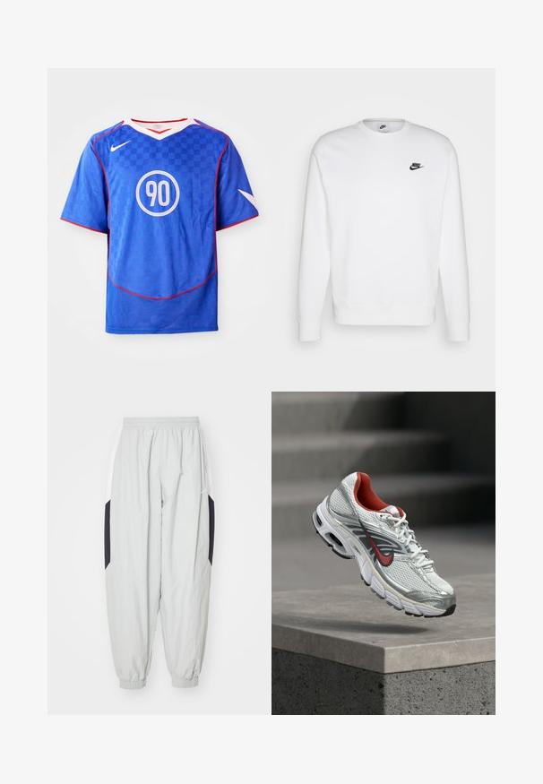 Hvid sweatshirt lavet af bomuld med lange ærmer, rund halsudskæring og sort Nike-logo på venstre bryst. Blød tekstur med ribbede manchetter.; Blå Nike fodboldtrøje med ternet mønster, korte ærmer, v-hals design, hvide accenter og et centralt cirkulært "90" grafik.; Lys grå træningsbukser lavet af letvægtsstof, med elastisk talje og manchetter, samt kontrasterende sorte og hvide sidelapper.; Hvid og sølv Nike løbesko med røde accenter, der svæver over en betonkant og viser dens side- og såldetaljer.