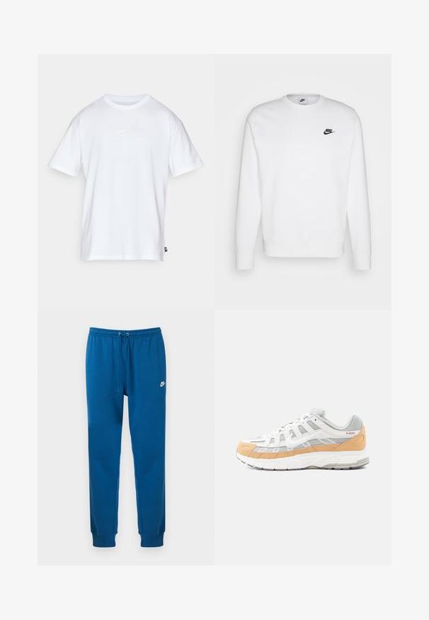 Hvid sweatshirt lavet af bomuld med lange ærmer, rund halsudskæring og sort Nike-logo på venstre bryst. Blød tekstur med ribbede manchetter.; Hvid bomulds T-shirt med korte ærmer og rund hals. Har et lille, diskret Nike-logo på brystet og et sidelabel.; Blå bomulds-sweatpants med elastisk talje, snørelukning og hvid Nike-logo på venstre hofte. Tætsiddende manchetter ved anklerne.; Hvide og grå sneakers med lyse orange accenter, lavet af mesh og lædermaterialer, med en tekstureret sål og geometrisk mønster på siderne.
