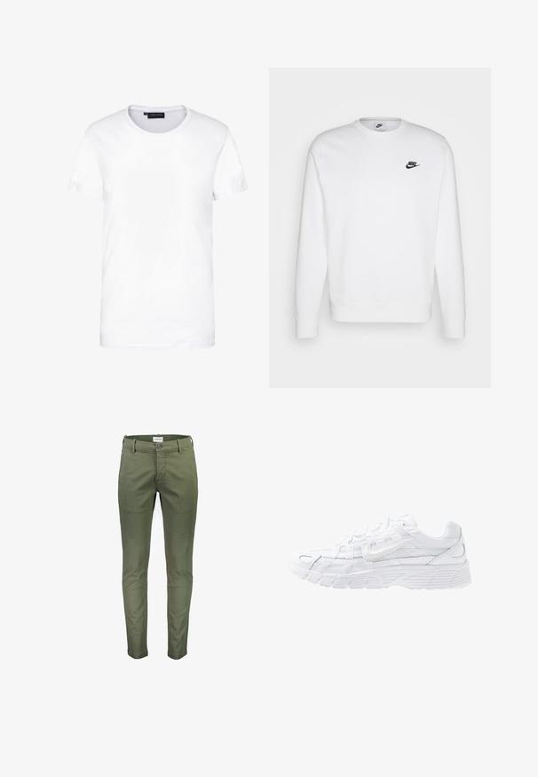 Valkoinen puuvillasta valmistettu huppari, jossa on pitkät hihat, pyöreä pääntie ja musta Nike-logo vasemmalla rinnassa. Pehmeä rakenne ja ribattuja hihansuita.; Valkoinen puuvillapaita, lyhyet hihat, pyöreä pääntie, yksinkertainen muotoilu, pehmeä rakenne, suora leikkaus, tavallinen istuvuus, ei näkyviä kuvioita tai yksityiskohtia.; Vihreät chino-housut, jotka on valmistettu puuvillasta. Slim fit -muotoilu, napitus, vyölenkit ja kaksi etutaskua. Tasainen pinta ja ryppyämätön kangas.; Nike Sportswear P 6000 UNISEX - Matalavartiset tennarit - white/platinum tint
