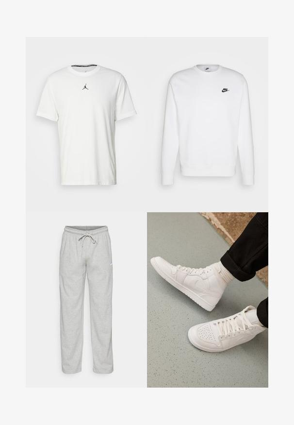 Biela mikina vyrobená z bavlny s dlhými rukávmi, okrúhlym výstrihom a čiernym logom Nike na ľavej hrudi. Mäkká textúra s rebrovanými manžetami.; Biely tričko s krátkymi rukávmi vyrobené z bavlny, so siluetou čierneho Jumpman loga na hrudi a okrúhlym výstrihom s čiernou vnútornou etiketou.; Svetlošedé teplákové nohavice vyrobené z jemného materiálu. Obsahujú elastický pás na šnurovanie a čierne logo Nike na ľavom stehne.; Biele vysoké tenisky vyrobené z hladkej kože s perforovaným špičkou, šnurovacím uzáverom a nenápadným logom na boku. Textúrovaná gumová podrážka.