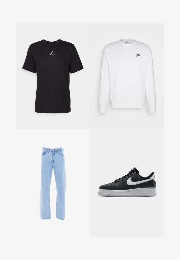 Hvid sweatshirt lavet af bomuld med lange ærmer, rund halsudskæring og sort Nike-logo på venstre bryst. Blød tekstur med ribbede manchetter.; Sort bomulds t-shirt med korte ærmer, rund hals, med et hvidt Jumpman-logo på brystet og en glat, let tekstur.; Lyseblå denim jeans med lige ben, høj talje, forlommer og klassiske sy detaljer på sømmene og taljebåndet.; Sort lædersneaker med tekstureret overflade, hvid Nike swoosh, grå sål, rund tå og snørebåndsdesign. Har perforeringer på tåboksen.