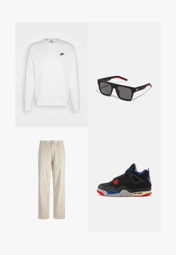Valkoinen puuvillasta valmistettu huppari, jossa on pitkät hihat, pyöreä pääntie ja musta Nike-logo vasemmalla rinnassa. Pehmeä rakenne ja ribattuja hihansuita.; Beigen väriset suoralahkeiset vapaa-ajan housut, joissa vyölenkit, etunappi ja vetoketjusuljenta, esitetty valkoisella taustalla.; Jordan AIR JORDAN 4 RETRO - Korkeavartiset tennarit - black/fire red/deep royal blue/dark smoke grey/tech grey; Tommy Hilfiger Aurinkolasit - matte black red