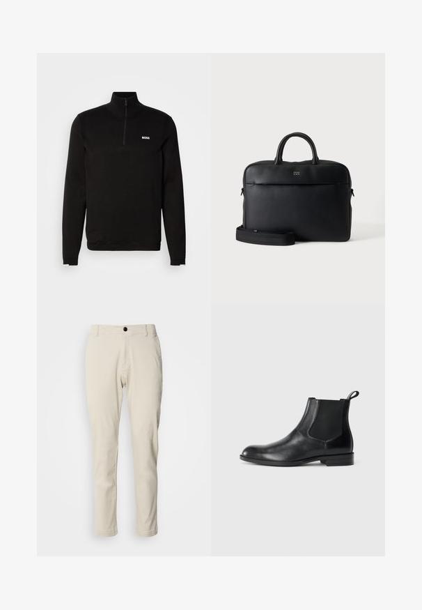 Sort halv-zip trøje lavet af et blødt strikket materiale. Har en høj krave, lange ærmer og et hvidt BOSS-logo på brystet.; Beige chinos med lige ben, lavet af blødt bomuldsstof, med lynlås og en enkelt sort knaplukning.; Sorte læder ankelstøvler med elastiske sidepaneler, rund tå og en trækloft. Glat tekstur, flad sål, minimalistisk design.; Sort tekstureret lædermappe med top-håndtag og aftagelig skulderrem, der viser lille frontlogo på neutral grå baggrund.