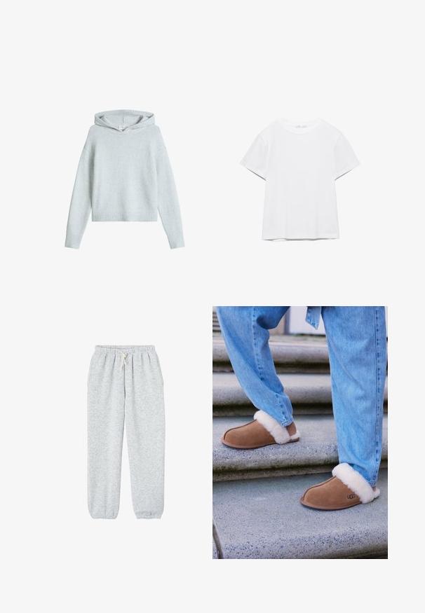 Hellgrauer langärmeliger Strick-Hoodie mit gerippten Bündchen und Saum, flach auf weißem Hintergrund dargestellt.; Unifarbenes weißes T-Shirt mit kurzen Ärmeln und Rundhalsausschnitt, gerader Saum, dargestellt auf weißem Hintergrund.; Graue Sweatpants aus weichem Stoff, mit einem elastischen Bund und einem Kordelzug sowie elastischen Bündchen an den Knöcheln.; Braune Wildlederschuhe mit weißem Fellfutter, runder Spitze und Gummisohle, kombiniert mit blauen Denim-Jeans auf Granitstufen.