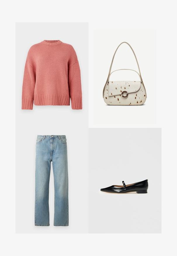 Rosa strikket sweater med rund hals, nedfaldne skuldre, struktureret stof og ribbede ærmer og kant. Løs pasform og afslappet stil.; Lyseblå denimjeans med lige ben, der har en fem-lomme stil og en knaplukning i taljen.; Sorte patenterede læder Mary Jane flade sko med spids tå, én rem og lav hæl på ensfarvet baggrund.; Kremfarvet håndtaske med brune prikker, buet klap med rund metalspænde, med to tynde stropper, hvoraf den ene er længere til skulderbrug.