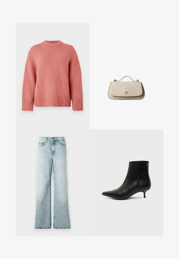 Rosa strikket sweater med rund hals, nedfaldne skuldre, struktureret stof og ribbede ærmer og kant. Løs pasform og afslappet stil.; Lyseblå vidde jeans lavet af denim, med høj talje, forkortet nederkant og en blød tekstur med falmede detaljer.; Sort læder ankelstøvle med spids tå og lav kitten hæl på lys baggrund, der viser yderside.; Lille beige læderhåndtaske med top håndtag og sølv CK-logo på frontklap, vist mod en hvid baggrund.