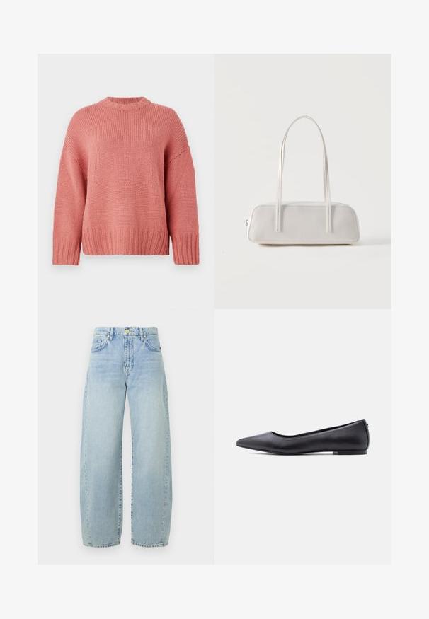 Rosa gestrickter Pullover mit rundem Ausschnitt, überschnittenen Schultern, strukturiertem Stoff und gerippten Bündchen und Saum. Lockerer Schnitt und lässiger Stil.; Hellblaue Denim-Jeans im weiten Schnitt mit hoher Taille, leichtem Ausbleichen, fünf Taschen und goldfarbener Hardware. Der Saum ist gerade und unvollendet.; Schwarzer flacher Lederschuh mit spitzer Kappe und niedrigem Absatz, seitlich vor weißem Hintergrund gezeigt.; Weiße rechteckige Schultertasche mit langen dünnen Trägern, minimalen Nähten und Reißverschlussverschluss vor einem schlichten Hintergrund.