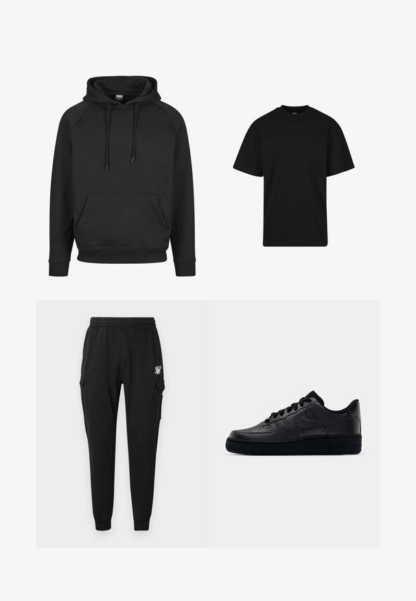 Sudadera negra con capucha, bolsillo tipo canguro, puños y dobladillo acanalados. Fabricada con tejido suave y con cordones en la capucha. Diseño casual.; Camiseta negra de manga corta con cuello redondo, corte holgado, diseño liso y sin logotipos ni patrones visibles.; Pantalones cargo negros fabricados en un tejido suave, con una cinturilla elástica, bolsillos laterales y un logo discreto en el muslo. Diseño de corte recto.; Zapatilla Nike Air Force 1 negra con parte superior de cuero liso, puntera perforada para transpirabilidad, cordones negros y suela de goma texturizada.