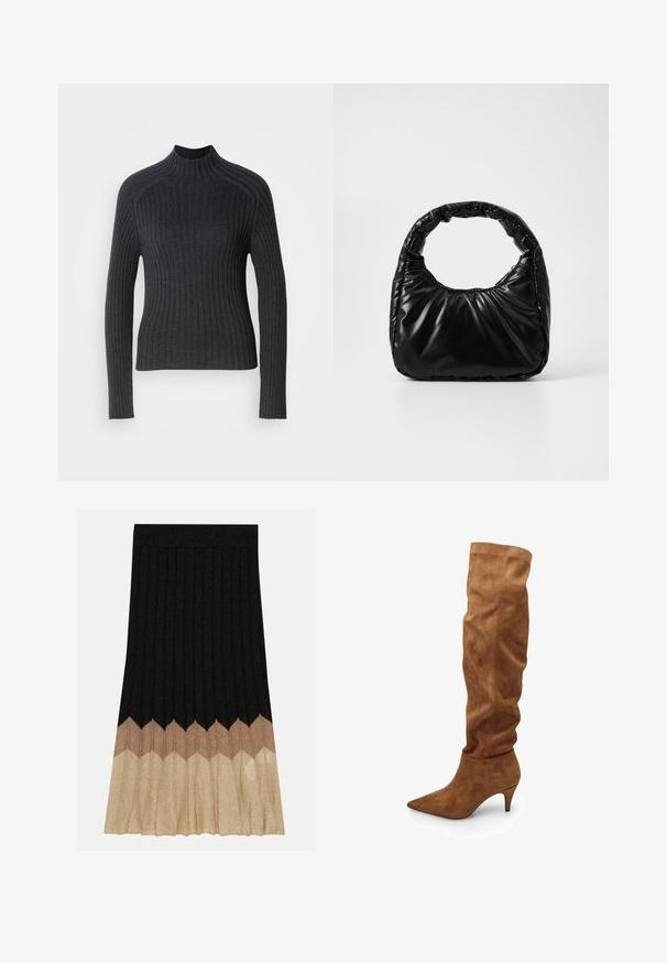Mørkegrå ribbet sweater med lange ærmer og høj hals, der har et tætsiddende design og subtil tekstur.; Plisseret nederdel lavet af metalisk stof, med et zigzag-mønster i sort, beige og guld. Kantene er i guld, hvilket skaber en farvekombination.; Højbrune ruskindsstøvler med et slouchy design, spidse tå og lav hæl. Har en glat overflade og minimalistisk stil.; Sort polstret håndtaske med et rundt håndtag, der har en glat, skinnende overflade og en blød, kviltet tekstur. Ingen synlige hardware eller accenter.