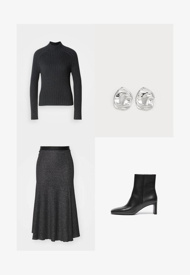 Mørkegrå ribbet sweater med lange ærmer og høj hals, der har et tætsiddende design og subtil tekstur.; Sort glitrende nederdel med flæser og en glat talje, lavet af tekstureret materiale, med en længere bagkant og en subtil glitrende effekt.; Sort læder ankelstøvle med spids tå, snæver hæl og glat tekstur; har en lynlåslukning i siden.; Sølv abstrakte stud øreringe med en poleret finish, der har glatte kurver og subtile konturer. Ingen synlige mønstre eller accenter.