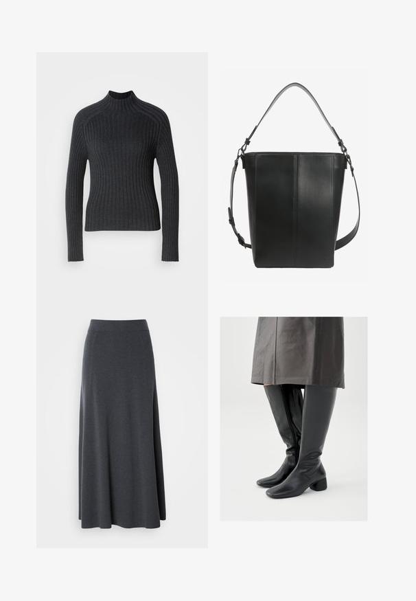Mørkegrå ribbet sweater med lange ærmer og høj hals, der har et tætsiddende design og subtil tekstur.; Mørkegrå maxi-nederdel lavet af blødt, strækbart stof. Har en høj talje og en svævende design med diskrete sidesømme for form.; Knæhøje sorte læderstøvler med firkantet tå, skråt stillet blokhæl og en sidesyning; glat tekstur og tætsiddende design.; Sort læder bucket taske med lodret syning, et kort håndtag og en justerbar skulderrem med metalspænder.