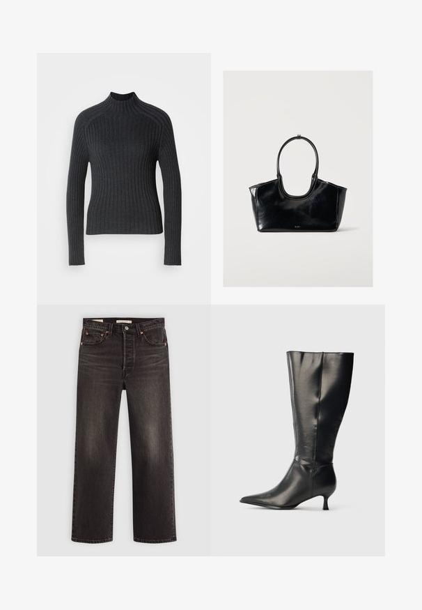 Dunkelgrauer, gerippter Pullover mit langen Ärmeln und hohem Kragen, der sich durch eine körpernahe Passform und eine subtile Textur auszeichnet.; Schwarze Jeans aus Denim mit geradem Bein. Verfügt über kupferne Nieten und Taschen. Glatte Textur und leicht verwaschene Optik.; Schwarzer kniehoher Lederstiefel mit spitzer Zehenpartie und niedrigem Kittenabsatz, präsentiert vor einem schlichten hellen Hintergrund.; Schwarze glänzende Lederhandtasche mit großem ovalem Griff und dezentem Logo vorne vor einfachem hellem Hintergrund.