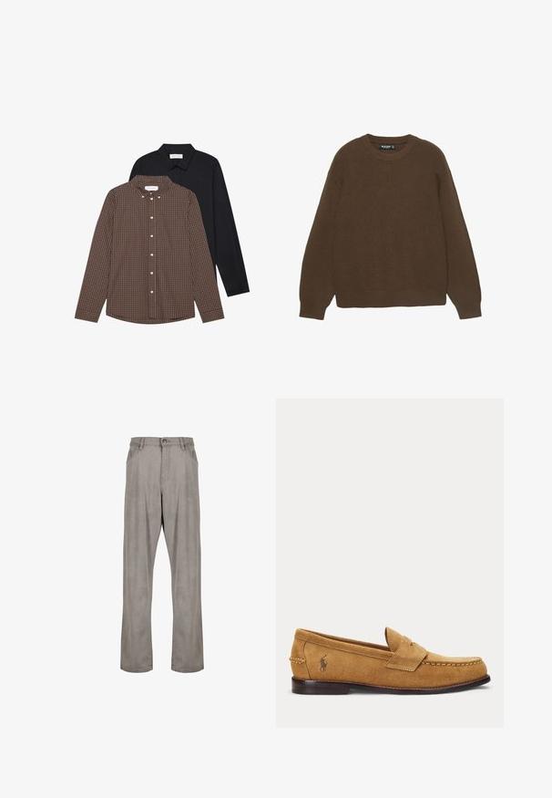 Pull tricoté marron avec un col rond, des manches longues, une texture côtelée et une coupe décontractée. Aucun motif visible ni détail métallique.; Deux chemises à manches longues : l'une avec un motif à carreaux marron avec des boutons et l'autre de couleur noire unie. Les deux ont des cols et des poignets à boutons.; Pantalons gris à jambes larges en tissu doux. Dotés de poches avant, d'une fermeture éclair et d'une fermeture à bouton. Texture lisse avec un minimalisme dans les détails.; Mocassin en daim fauve avec détails cousus et petit logo brodé de cheval sur le côté, avec un petit talon en bois et design sans lacets.