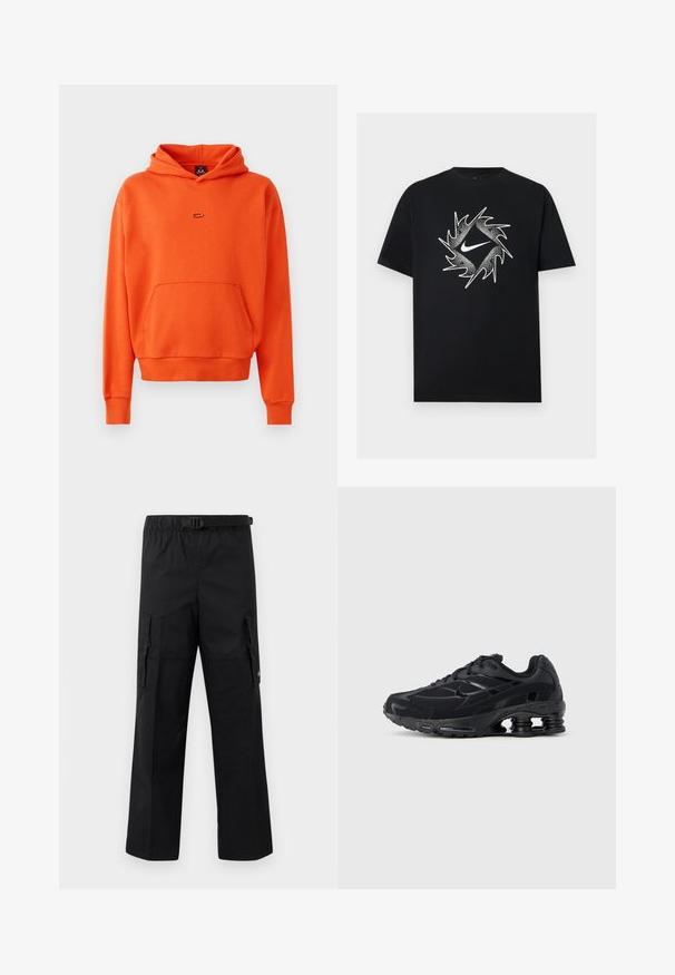 Orange hoodie lavet af blødt materiale, med en kangaroo-lomme, ribbede manchetter og et lille logo på brystet.; Sort T-shirt med korte ærmer med en hvid Nike-swoosh i midten, omgivet af et dynamisk spidset cirkeldesign.; Sorte cargo-bukser med bred ben-design, justerbar talje med spænde og to sidelommer til opbevaring. Letvægtsstof.; Sort atletiksko med mesh-overdel, polstret krave og markant støddæmpningsteknologi ved hælen. Har teksturerede detaljer og snørebånd.