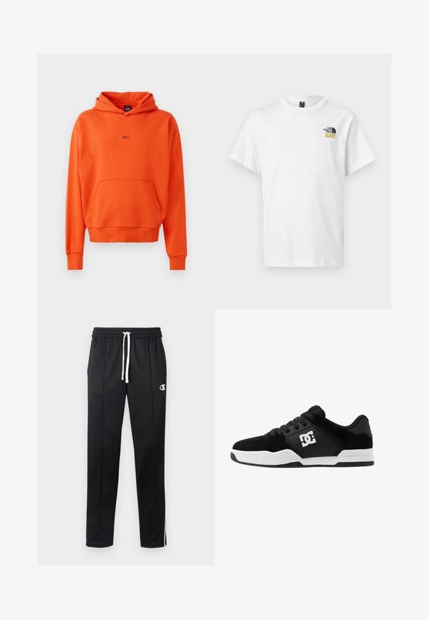 Oranje hoodie van zacht materiaal, met een kangoeroezak, geribde manchetten en een klein logo op de borst.; Wit T-shirt met korte mouwen en ronde hals, met een klein zwart-goud North Face 1990-logo op de linkerborst.; Zwarte sportbroek met witte trekkoord, zijstrepen, voorzakken en een klein wit Champion-logo op de linkerdij.; Zwarte suède skate schoenen met een witte rubberen zool, met een opvallend wit logo aan de zijkant en zwarte veters. Laag profiel ontwerp.