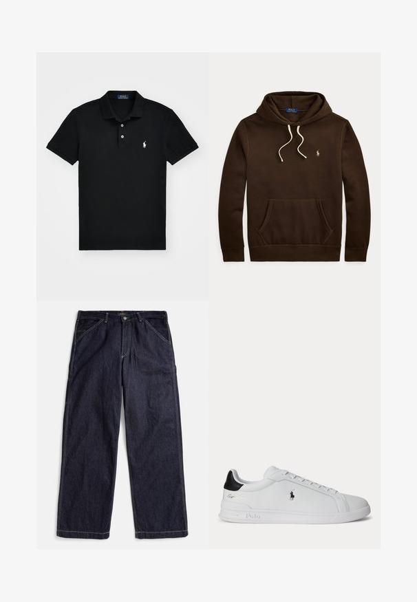 Sweat à capuche marron en matériau doux, avec une poche kangourou, une capuche à cordon de serrage et un petit logo sur la poitrine dans une couleur contrastante.; Polo noir en coton, avec un col classique, une patte de boutonnage à trois boutons, des manches courtes et un logo blanc sur la poitrine gauche.; Jean denim droit bleu foncé avec coutures contrastantes, passants de ceinture et poches avant, posé à plat sur un fond blanc.; Baskets basses blanches avec languette de talon noire, lacets et logo Polo Ralph Lauren sur le côté, présentant des détails en relief sur la semelle.