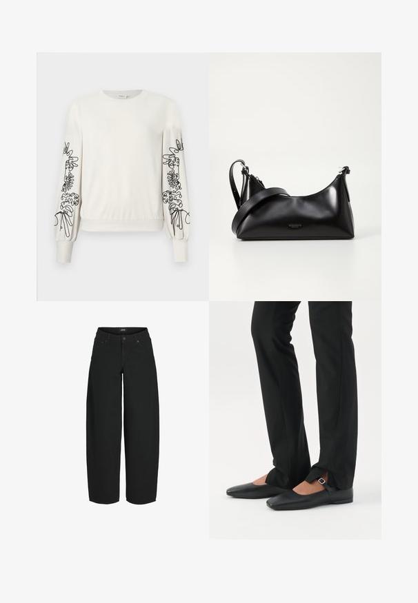 Witte lange mouwen sweatshirt met zwarte abstracte bloemenborduursels op de mouwen en ribgebreide boorden en zoom.; Zwarte cropped jeans met wijde pijpen, voorzijde met knoop- en ritssluiting, voor- en achterzakken, merklabel op de tailleband.; Benen met zwarte smalle broek met voorsplitten aan de zoom, gecombineerd met zwarte platte Mary Jane-schoenen met een klein gespje.; Zwarte leren handtas met een gladde textuur. Beschikt over een verstelbare schouderband en een strak, minimalistisch ontwerp met een ritssluiting.