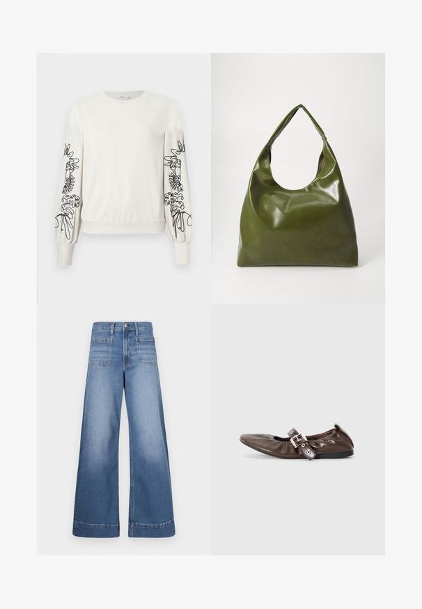 Hvid langærmet sweatshirt med sort abstrakt blomsterbroderi på ærmerne samt ribbede manchetter og kant.; Bredde ben blå denim jeans med høj talje, to forlommer og to baglommer, med en ren finish og subtilt slid.; Brun lakeret flad sko med spids tå, elastisk sløjfedetalje og en sølvspændeaccent på siden. Sort gummisål.; Grøn læder hobo taske med en slouchy design, buet håndtag og glat tekstur. Indeholder ingen synlig hardware eller accenter.
