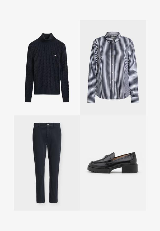 Jersey de cuello vuelto de punto de cable negro con mangas largas y pequeño logo bordado en el pecho izquierdo.; Camisa de manga larga abotonada con rayas verticales azul marino y blancas y cuello clásico, mostrada sobre un fondo liso.; Pantalones casual ajustados de hombre en azul marino oscuro con cierre de botón y trabillas para cinturón, exhibidos sobre un fondo liso gris claro.; Mocasín de cuero negro con tacón bajo, punta redondeada, correa decorativa y detalle de costura texturizada en la parte superior. Acabado suave.