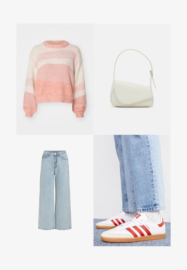 ONLY ONLJENNY LIFE ONECK - Trui - terra cotta; Lichtblauwe wijdvallende jeans van denim met een hoge taille, frontzakken en een knoopsluiting. Bevat een vervaagde textuur en strakke lijnen.; Witte leren sneakers met rode strepen en accenten. Voorzien van een getextureerde gumrubberen outsole en een gevoerde kraag. Draag ze met lichtblauwe denim.; Witte nepleren handtas met een gestructureerde driehoekige vorm, een enkele verstelbare schouderriem en een klep met ronde accenten.