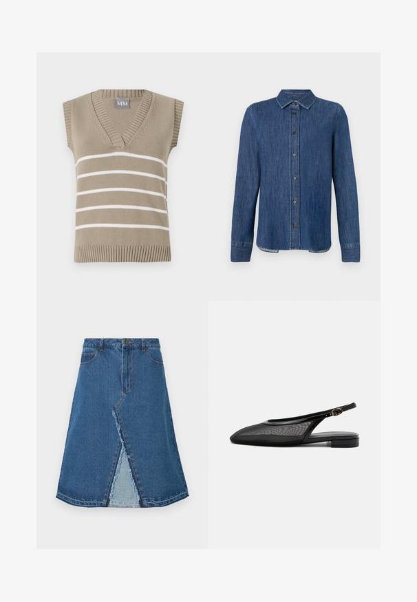 Haut tricot beige sans manches avec un décolleté en V, présentant des rayures blanches horizontales et un ourlet côtelé. Étiquette marquée "MM" au niveau du col.; Chemise en denim bleu foncé à manches longues, avec un devant à boutons, un col classique et des coutures visibles. Présente un ourlet droit avec une légère courbe sur les côtés.; Jupe en denim bleu avec une forme évasée, présentant une fente à l'avant et un ourlet effiloché. Design classique à cinq poches et fermeture à bouton métal.; Chaussure plate noire à bride arrière, bout pointu, tige en mesh, bride à boucle réglable et petit talon empilé sur fond blanc.