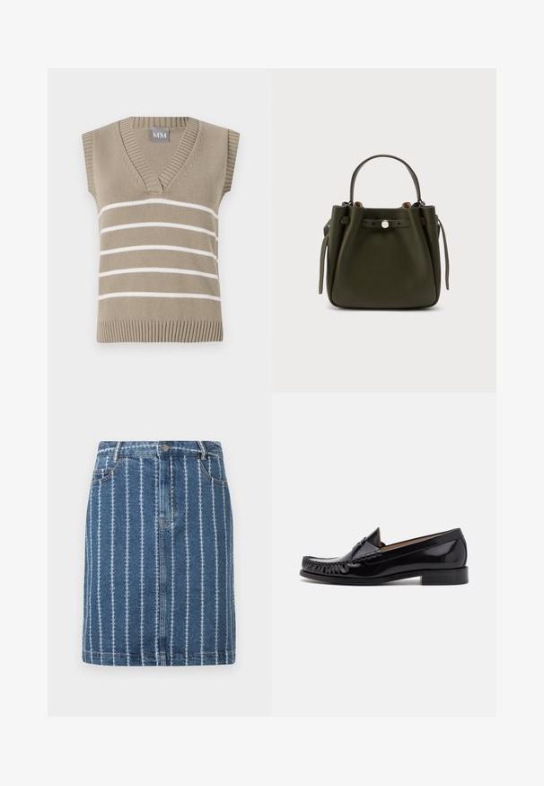 Haut tricot beige sans manches avec un décolleté en V, présentant des rayures blanches horizontales et un ourlet côtelé. Étiquette marquée "MM" au niveau du col.; Jupe en denim avec des rayures blanches verticales, dotée d'une ceinture, de poches avant et d'une coupe droite. Tissu bleu avec une texture légèrement décolorée.; Mocassin en cuir noir avec une finition brillante, présentant des franges à l'avant et un petit talon empilé.; Sac à main en cuir vert foncé avec une anse unique sur le dessus, côtés froncés et une sangle avant avec fermeture par bouton argenté, présenté sur un fond uni.