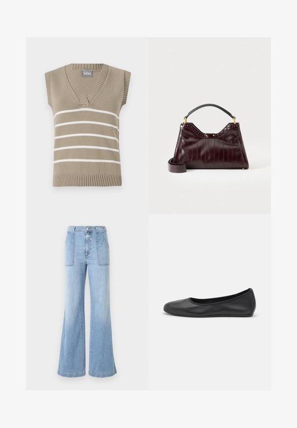 Haut tricot beige sans manches avec un décolleté en V, présentant des rayures blanches horizontales et un ourlet côtelé. Étiquette marquée "MM" au niveau du col.; CLOSED ARIA - Jean flare - light blue; Ballerines en cuir noir avec un bout rond, texture lisse, détails de couture minimalistes et design de semelle flexible.; Sac à main en cuir bordeaux foncé avec motif texturé, poignée supérieure noire, accessoires dorés et bandoulière amovible sur fond blanc.